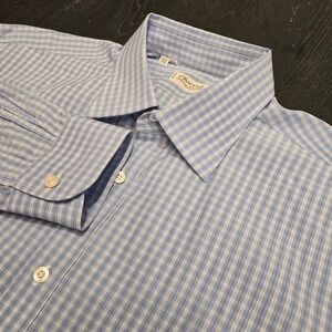 Charvet Paris Mens Blue White Check Cotton Dress Shirt 17.5 44.5 Made in France